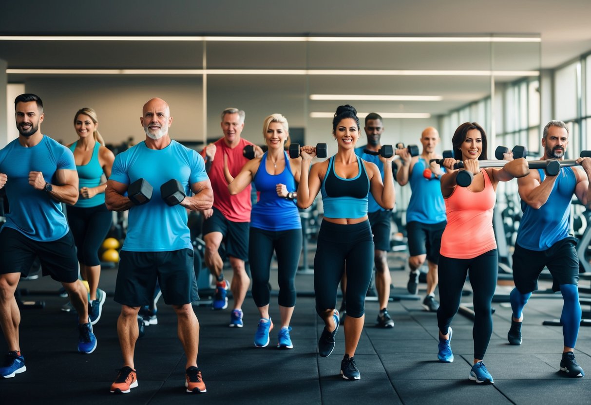 A diverse group of people of all ages and fitness levels are engaged in various circuit training exercises, including weight lifting, cardio, and flexibility activities, in a spacious and well-equipped gym