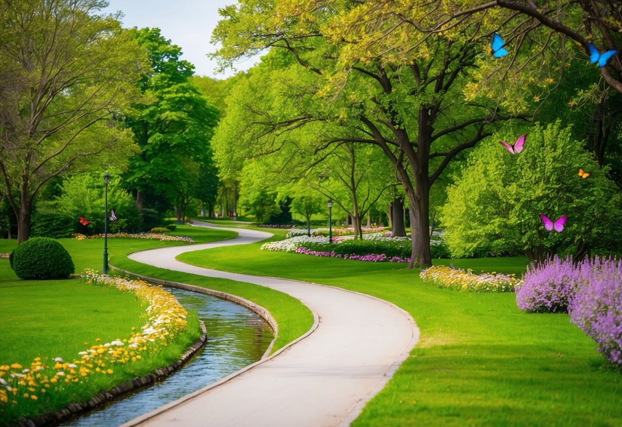 A serene park setting with a winding path, surrounded by lush greenery and blooming flowers. A gentle stream flows nearby, with colorful birds and butterflies fluttering around