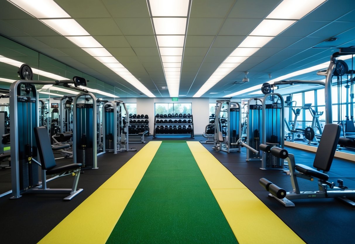 A gym setting with various workout stations arranged in a circuit, including weights, cardio equipment, and stretching areas. Bright, energetic atmosphere