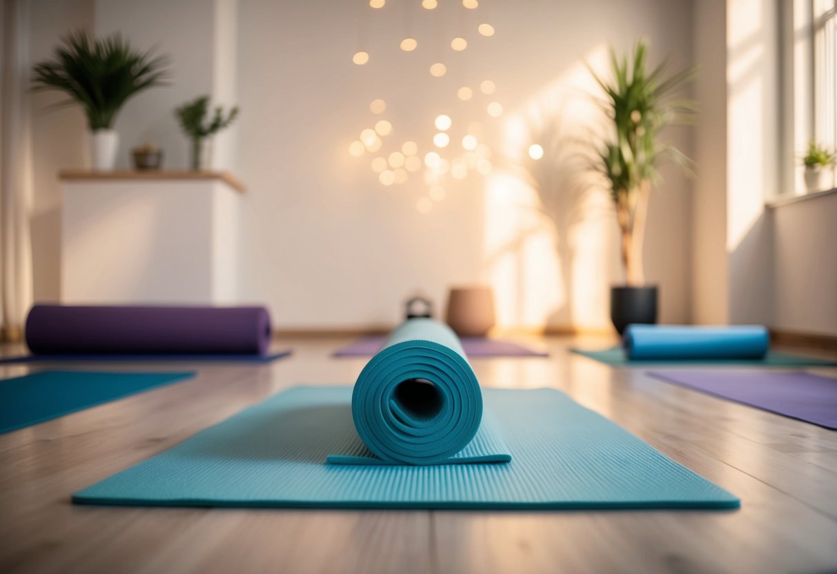 A serene yoga studio with soft lighting, mats, and props. A peaceful atmosphere with gentle music playing in the background