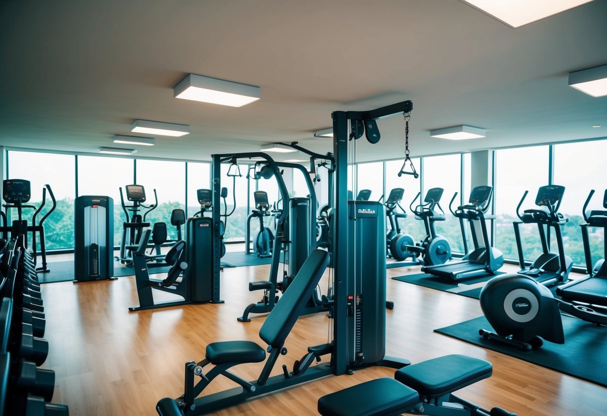 A gym with various workout equipment arranged in an organized manner, with space for cardio, strength training, and stretching