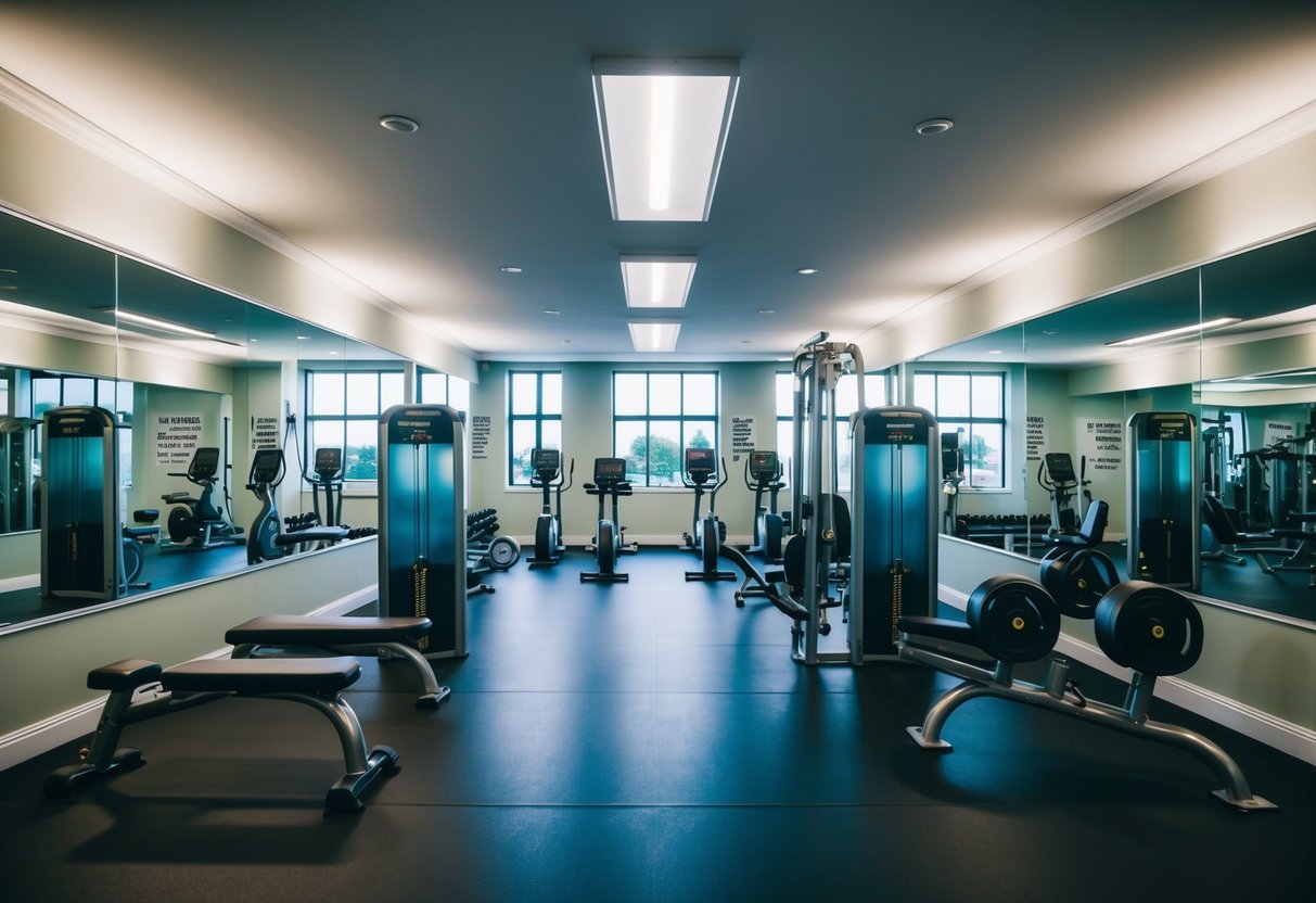 A gym with various exercise equipment arranged in a spacious, well-lit room. Mirrors line the walls, and motivational posters hang throughout the space