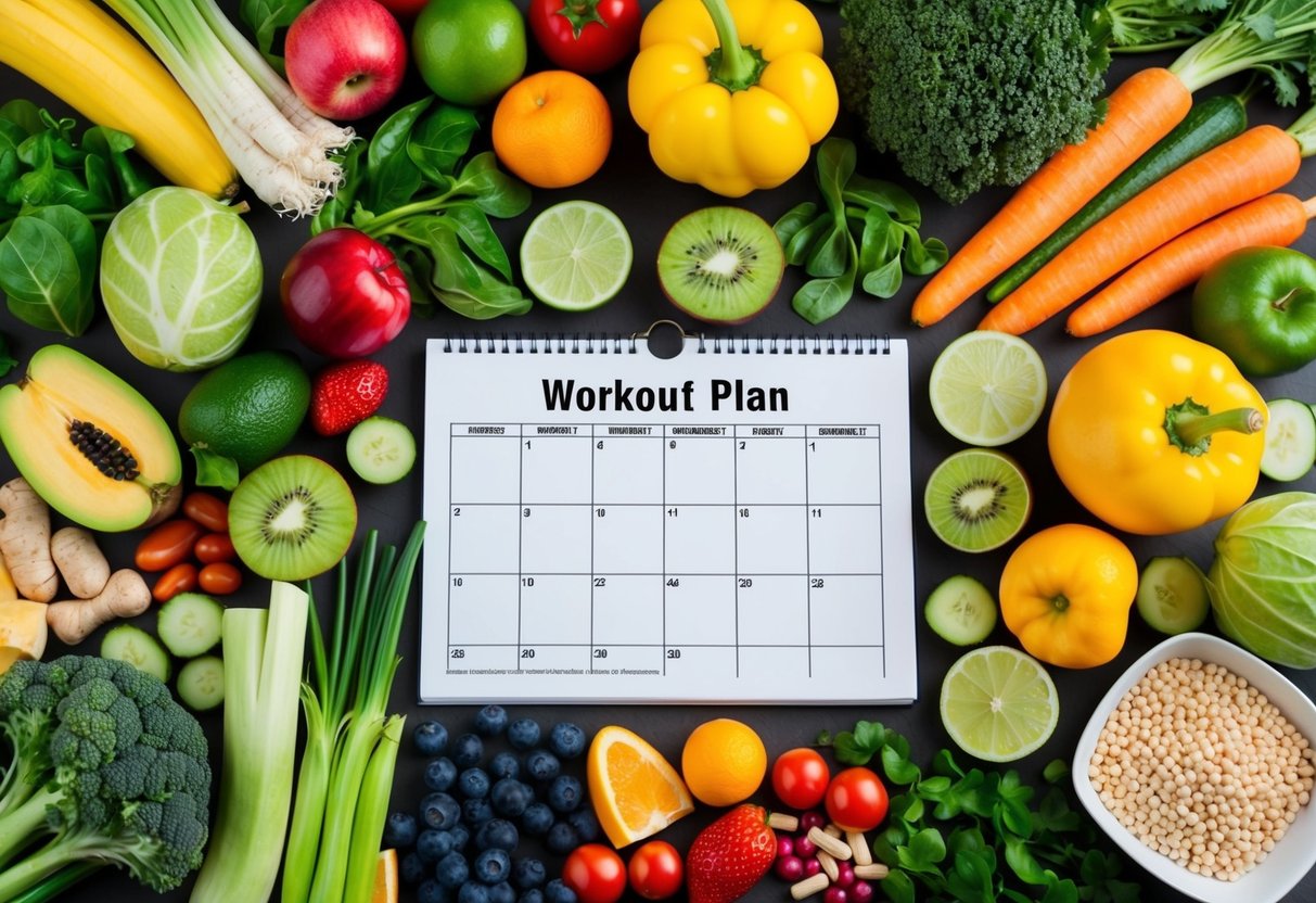 A colorful array of fresh fruits, vegetables, lean proteins, and supplements arranged around a workout plan calendar