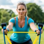 A person using resistance bands to perform full-body exercises in various locations, such as a park, beach, or home gym