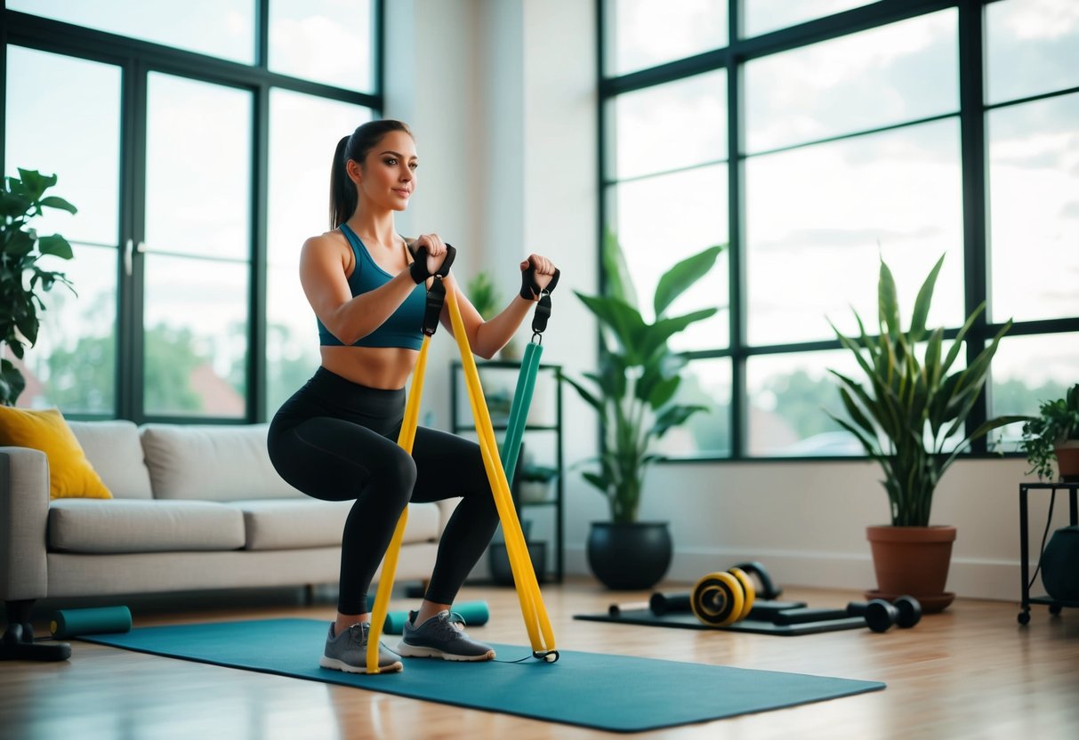 A person is using resistance bands to perform various exercises in a living room with a large window, plants, and workout equipment scattered around