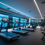 A futuristic gym with holographic workout programs, virtual reality exercise equipment, and biofeedback monitoring systems