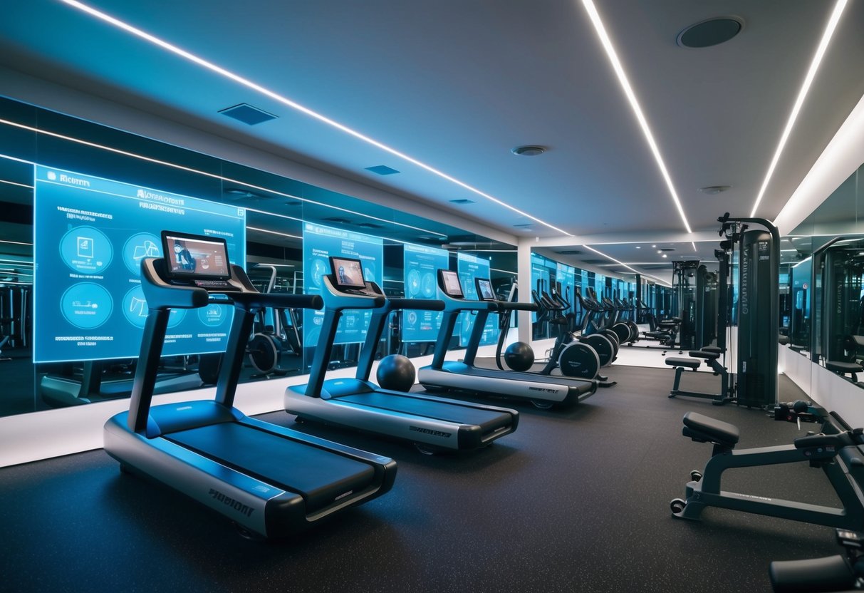 A futuristic gym with holographic workout programs, virtual reality exercise equipment, and biofeedback monitoring systems