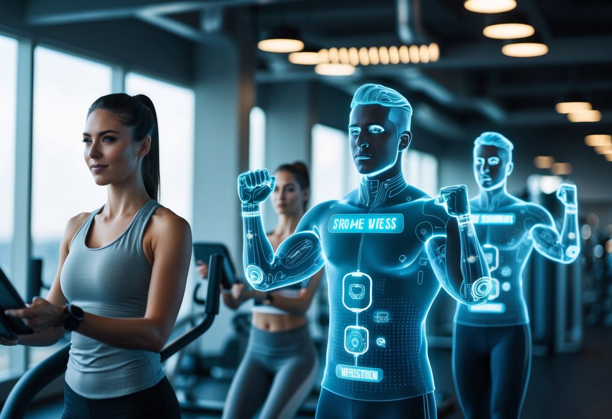 A futuristic gym with holographic fitness instructors guiding clients through personalized workouts using advanced technology