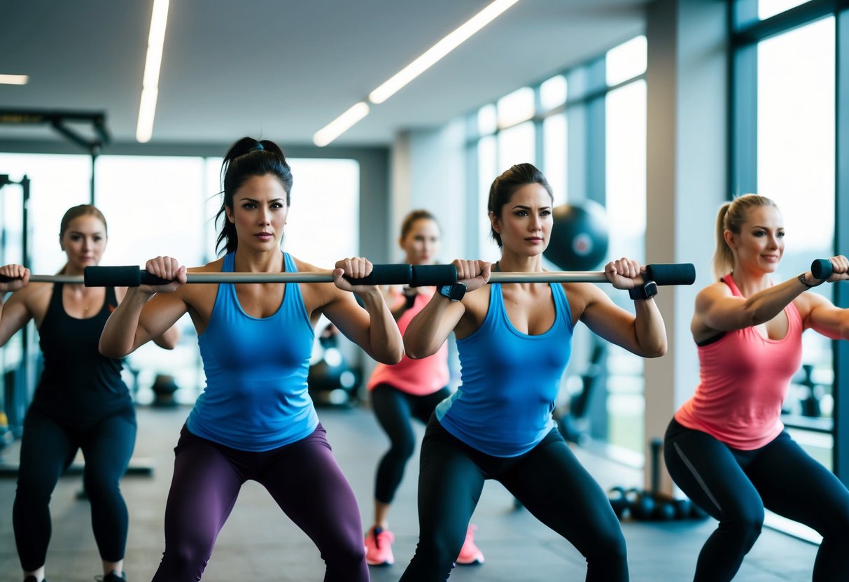 A group of people are engaged in a high-intensity interval training workout, using various functional fitness equipment in a modern gym setting