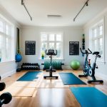 A bright, spacious home gym with a variety of equipment including weights, resistance bands, yoga mats, and a stationary bike. Large windows let in natural light, and motivational posters line the walls