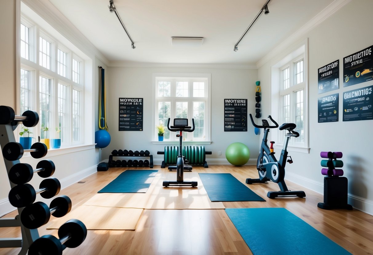 A bright, spacious home gym with a variety of equipment including weights, resistance bands, yoga mats, and a stationary bike. Large windows let in natural light, and motivational posters line the walls