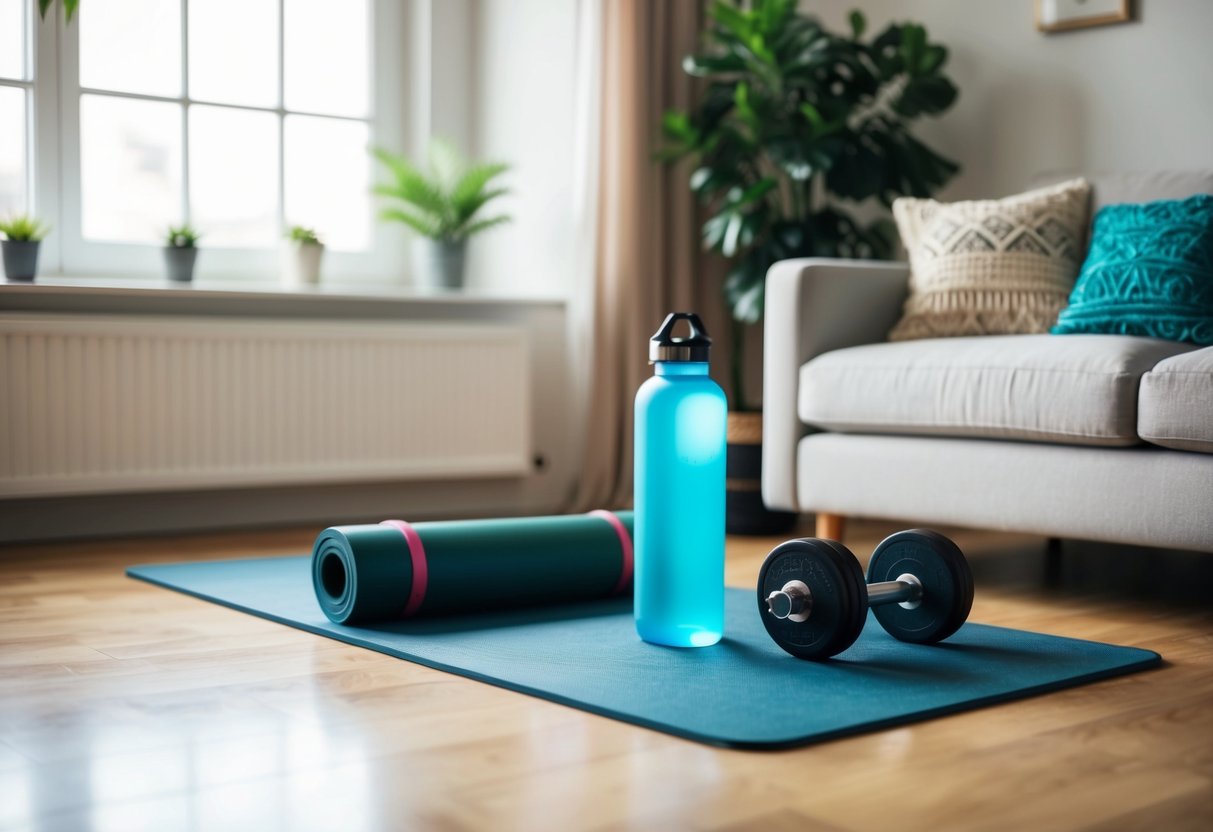 A cozy living room with a yoga mat, resistance bands, dumbbells, and a water bottle. A large window lets in natural light, and a potted plant adds a touch of greenery