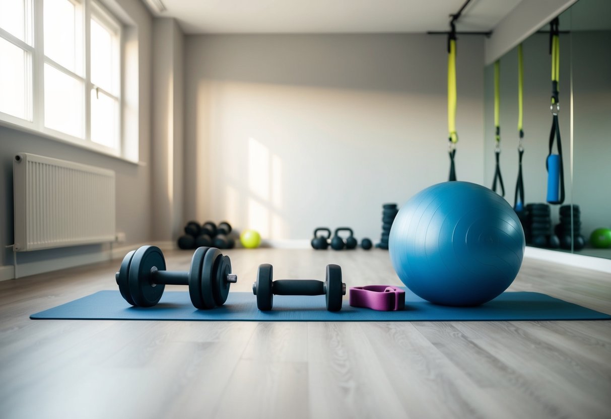 A spacious, well-lit room with exercise equipment arranged neatly. A yoga mat, dumbbells, resistance bands, and a stability ball are visible